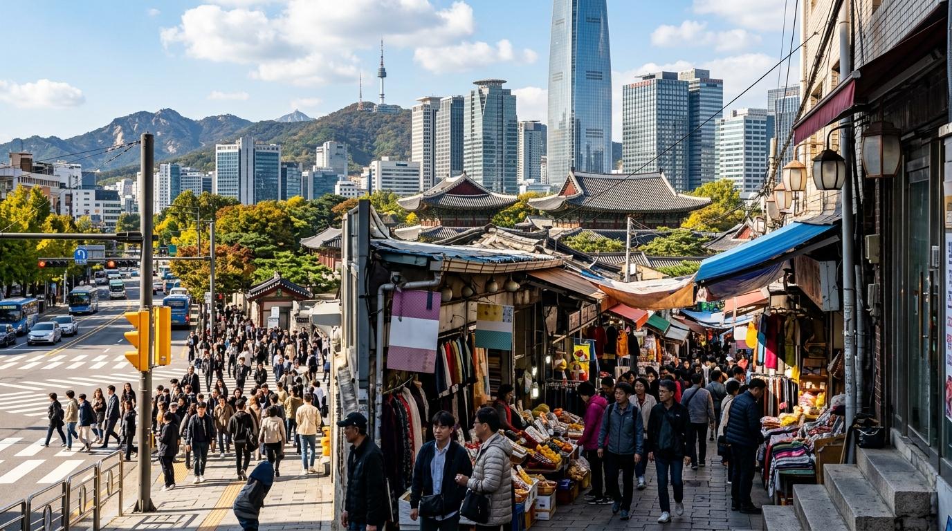 Bright vibrant photorealistic contrast scene of Seoul, old market alley in foreground, palace rooftops, modern skyscrapers, crowded crosswalk, mountains beyond,