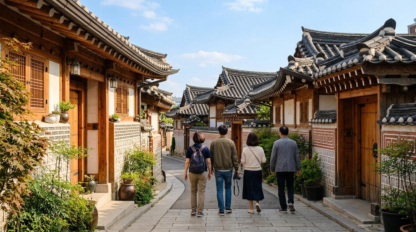 Bright vibrant photorealistic quiet Bukchon Hanok Village street in daytime, tiled rooftops, respectful small group of travelers walking calmly, soft sunlight,