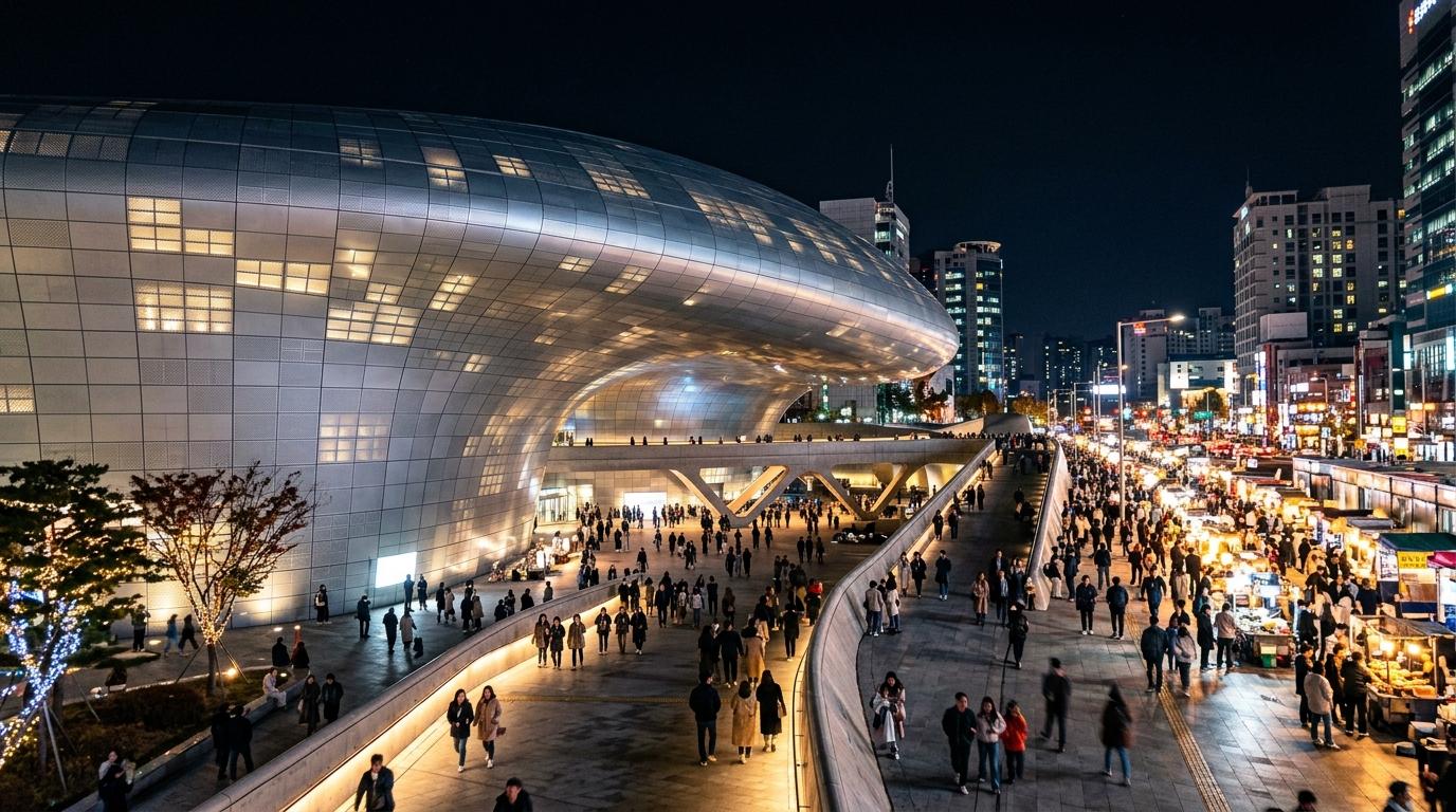 Bright vibrant photorealistic Dongdaemun Design Plaza at night, silver futuristic curves, people walking, market lights nearby, clear sky, no Korean text