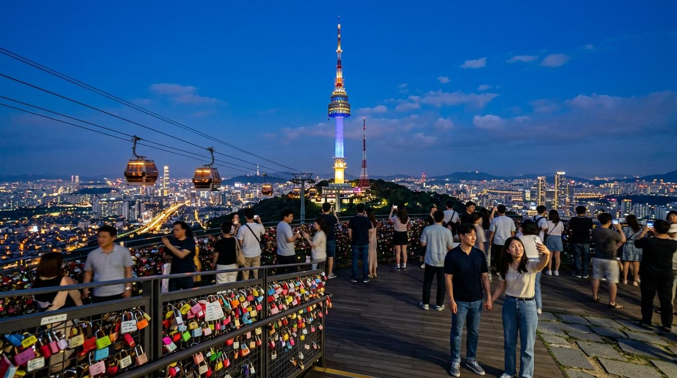 Bright vibrant photorealistic Namsan Seoul Tower at blue hour, cable car lines, city lights below, couples and travelers at viewpoint, no Korean text