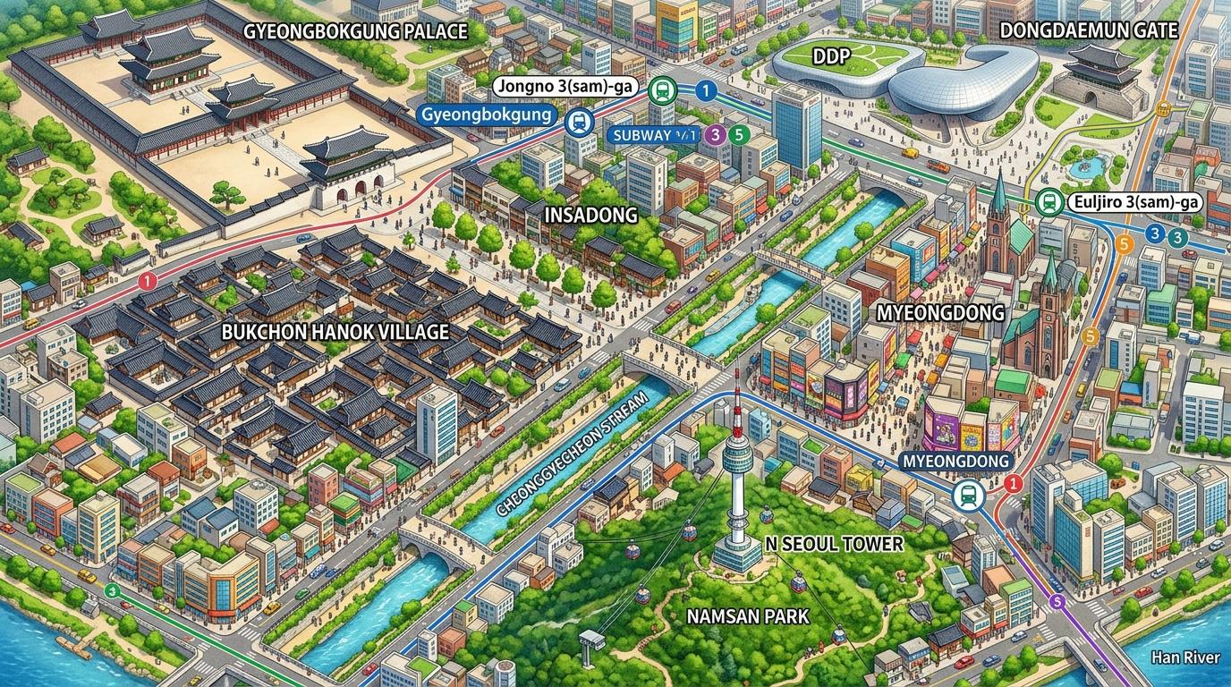 Bright vibrant photorealistic overhead travel map style image of central Seoul neighborhoods, palace roofs, shopping streets, river stream, tower on hill, subwa
