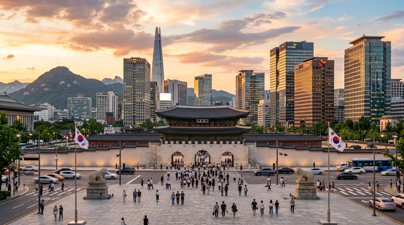 Bright vibrant photorealistic view of downtown Seoul at sunset, royal palace gate in front, modern glass towers, soft mountain backdrop, pedestrians crossing a