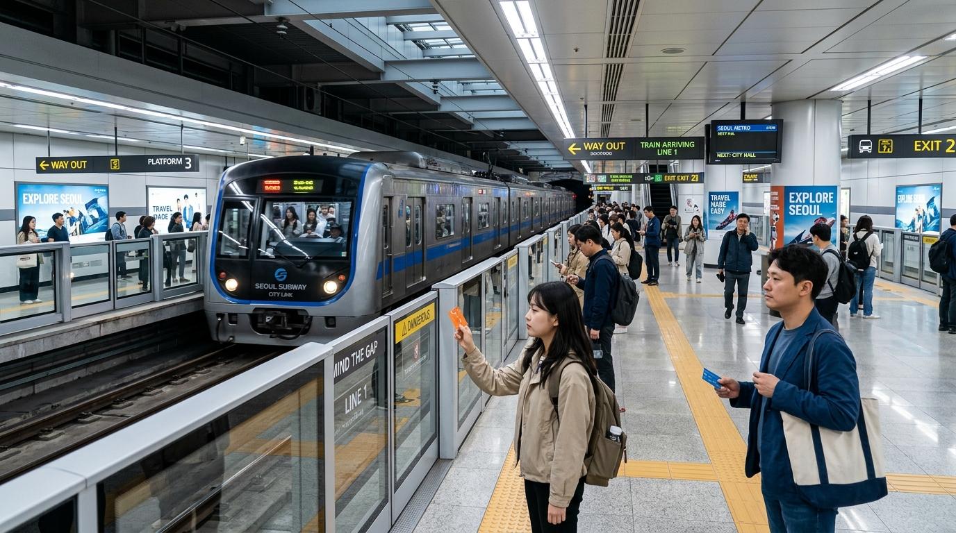 Bright vibrant photorealistic Seoul subway platform with modern train arriving, travelers holding transit cards, clean station lighting, no Korean text