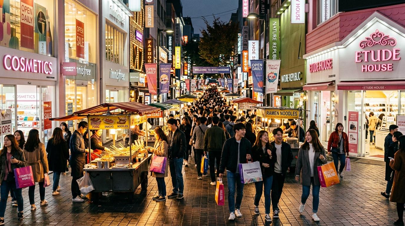 Bright vibrant photorealistic evening scene in Myeongdong, glowing shopfronts, cosmetics stores, street food carts, travelers walking with shopping bags, no Kor