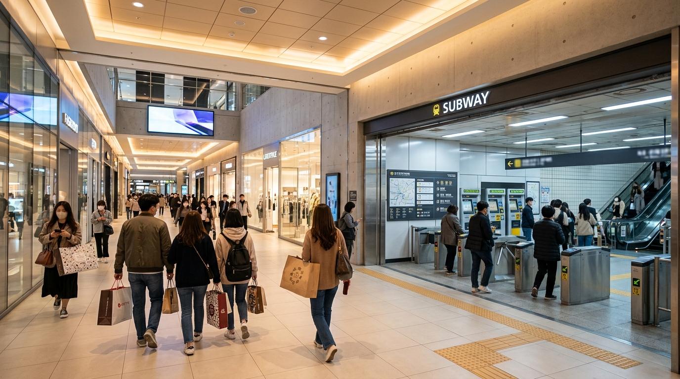 Bright photorealistic Seoul subway station entrance connected to a modern shopping complex, travelers carrying shopping bags, clean underground walkway, warm li