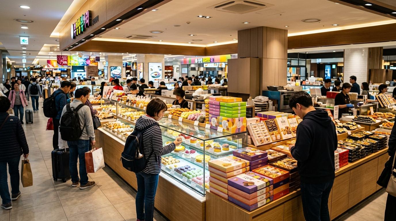 Bright photorealistic department store basement food hall in Seoul, colorful desserts, boxed snacks, fresh displays, travelers browsing neatly arranged counters