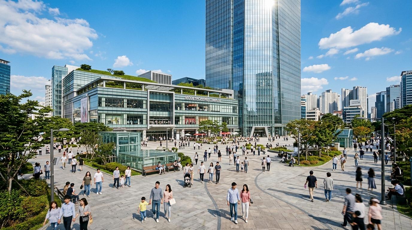 Bright photorealistic wide view of a large Seoul shopping complex near a tall glass tower, families and couples walking through a spacious plaza, clear blue sky