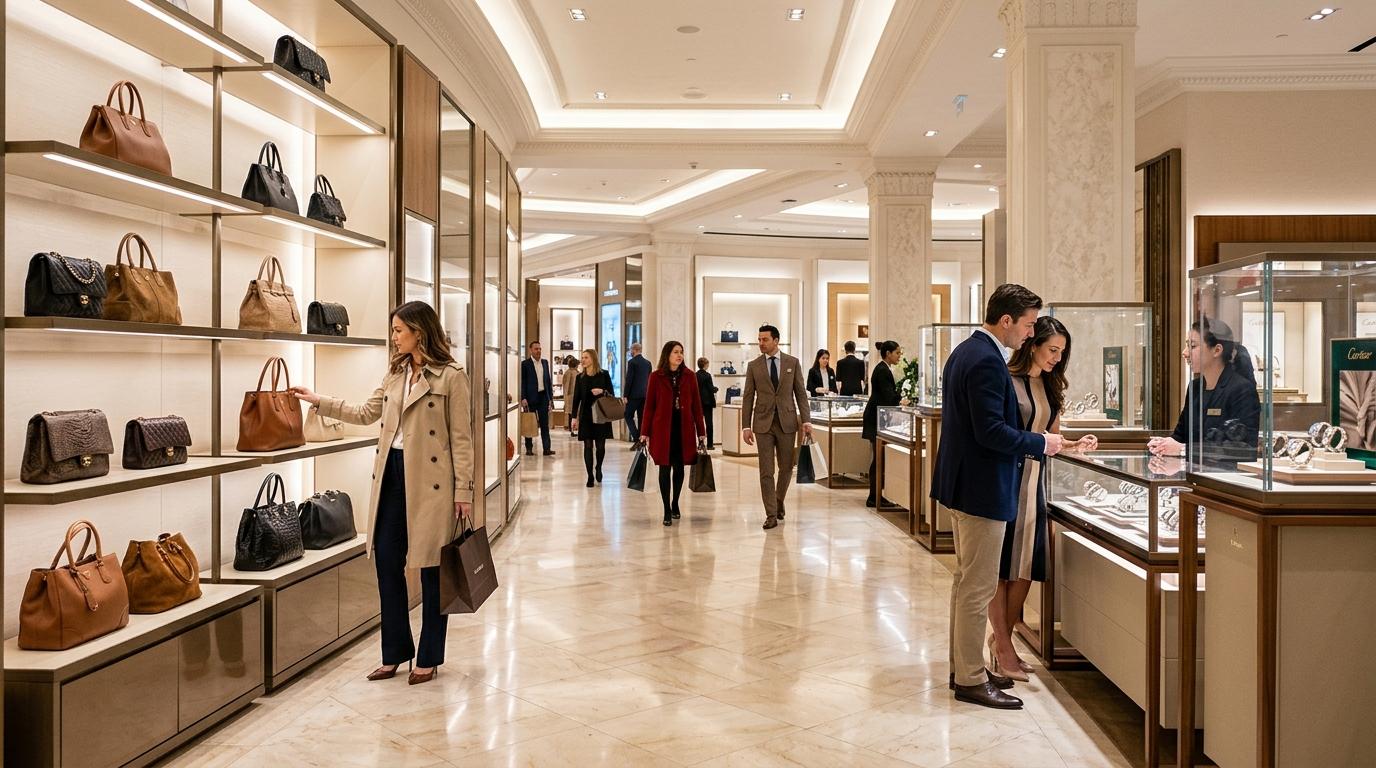 Bright vibrant photorealistic view of a luxury department store wing with marble floors, elegant handbags and watches displays, well-dressed shoppers, soft ligh