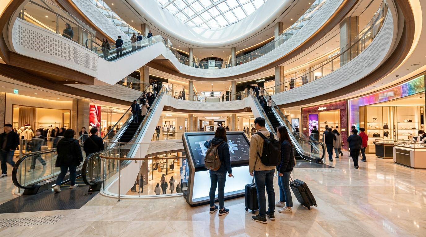 Bright vibrant photorealistic scene inside a modern Seoul department store atrium, polished floors, luxury displays, travelers looking at a digital floor guide,