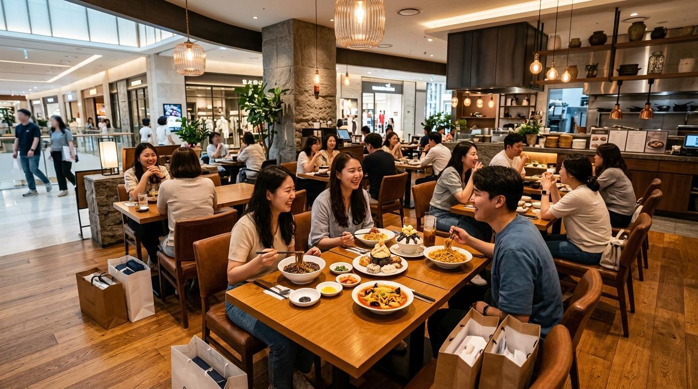 Bright vibrant photorealistic restaurant floor inside a Seoul department store, cozy tables, elegant lighting, plates of noodles and desserts, travelers relaxin