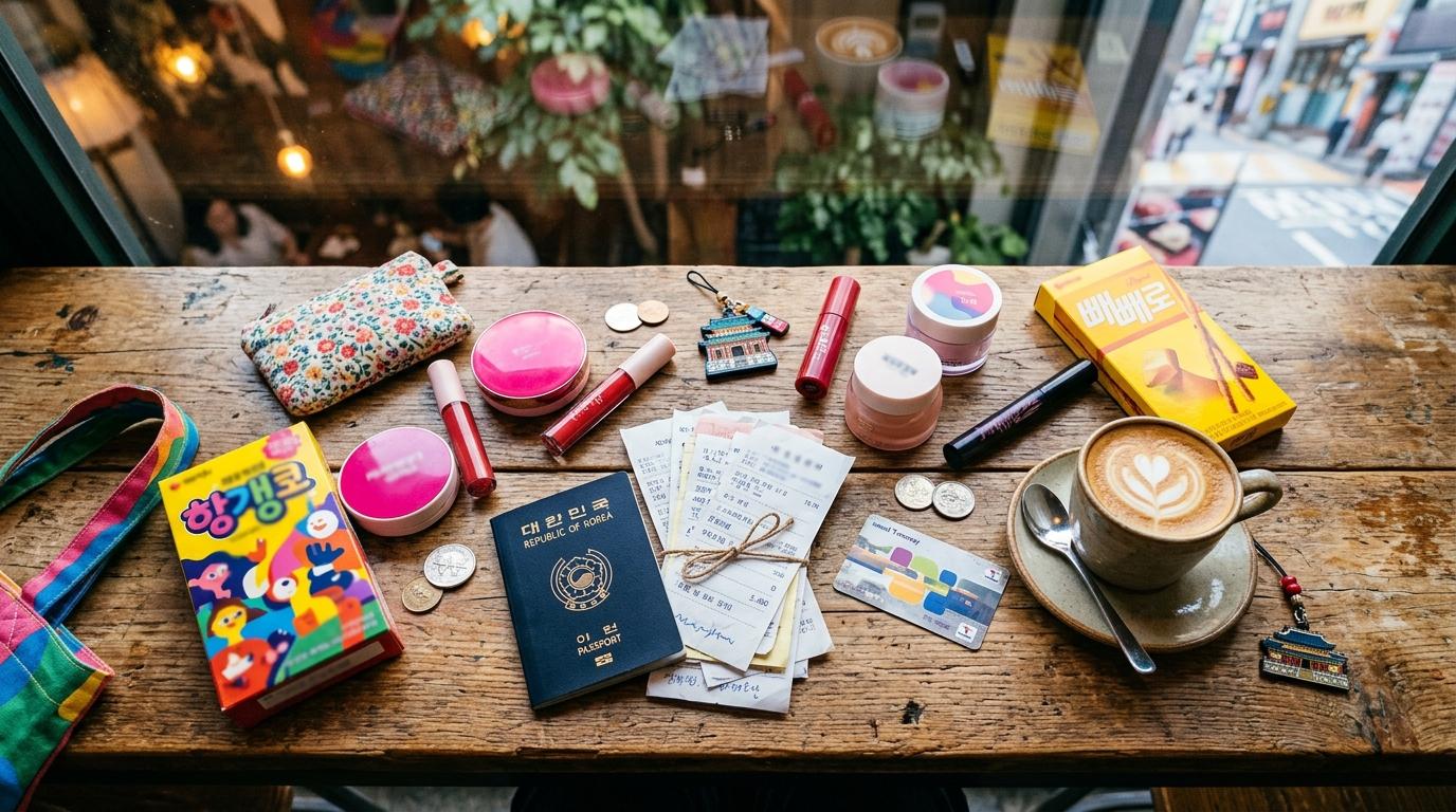 Bright vibrant photorealistic flat lay of Seoul shopping essentials on a cafe table, passport, receipts, cosmetics, snack boxes, subway card, coffee cup, no rea