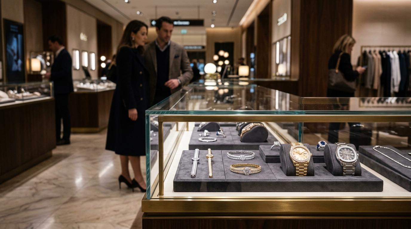 Bright photorealistic close-up of luxury watches and fine jewelry inside a refined department store boutique, soft reflections, elegant shoppers in background,
