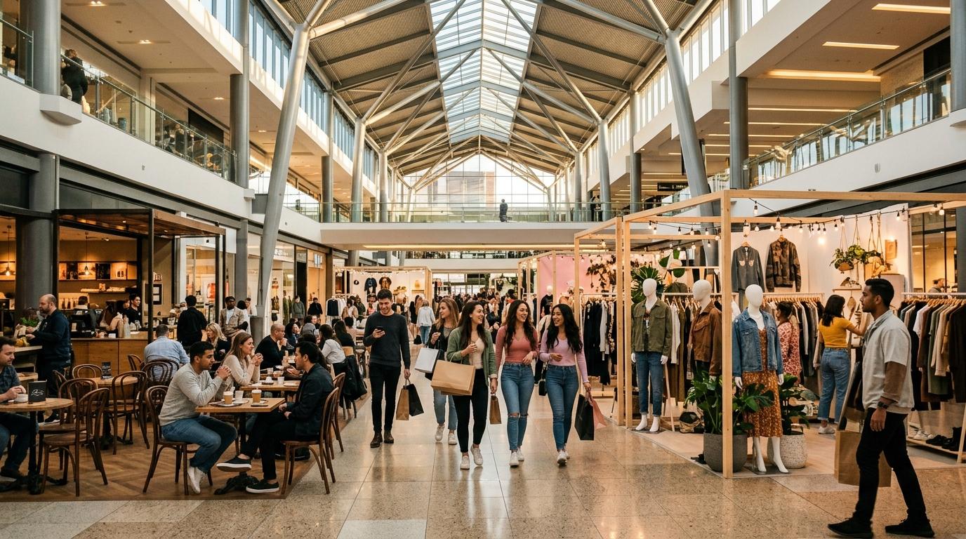 Bright photorealistic indoor shopping mall scene with a high ceiling, pop-up fashion displays, stylish young shoppers, café tables, warm sunlight, no readable s