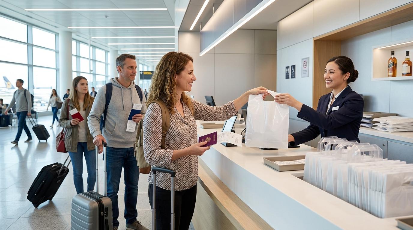 Bright photorealistic airport duty-free pickup style counter with travelers holding passports and shopping receipts, clean modern lighting, organized bags, no r