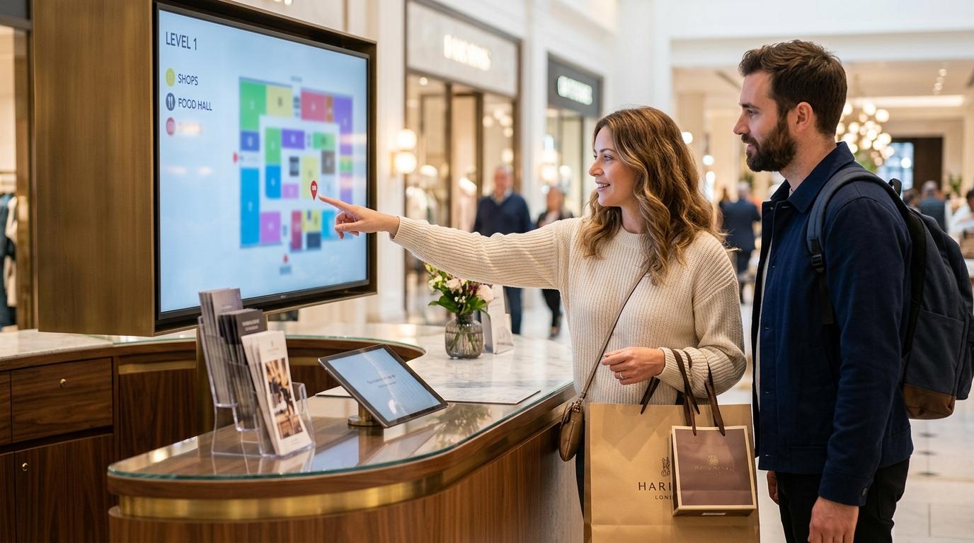Bright photorealistic close-up of an elegant department store information desk, travelers checking a digital store map, soft lighting, shopping bags, no readabl