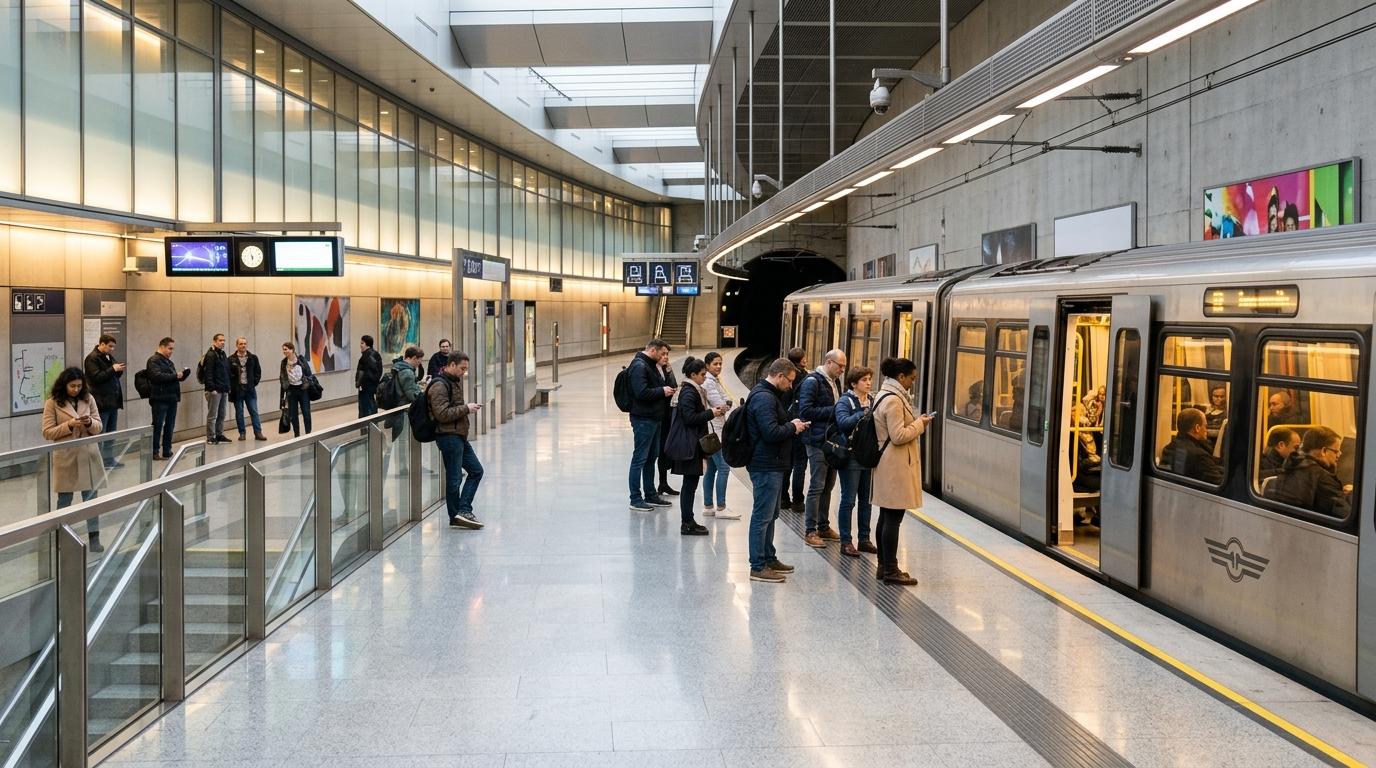 Bright photorealistic modern underground rail platform with sleek train, commuters waiting calmly, polished floors, no readable text