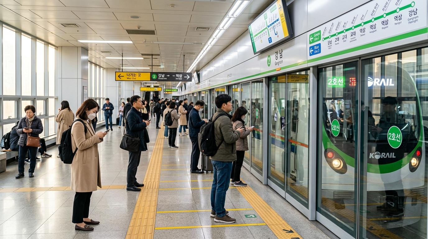 Bright photorealistic scene of a modern Seoul subway platform with travelers, clean train doors, colorful route signs without readable text, warm daylight atmos