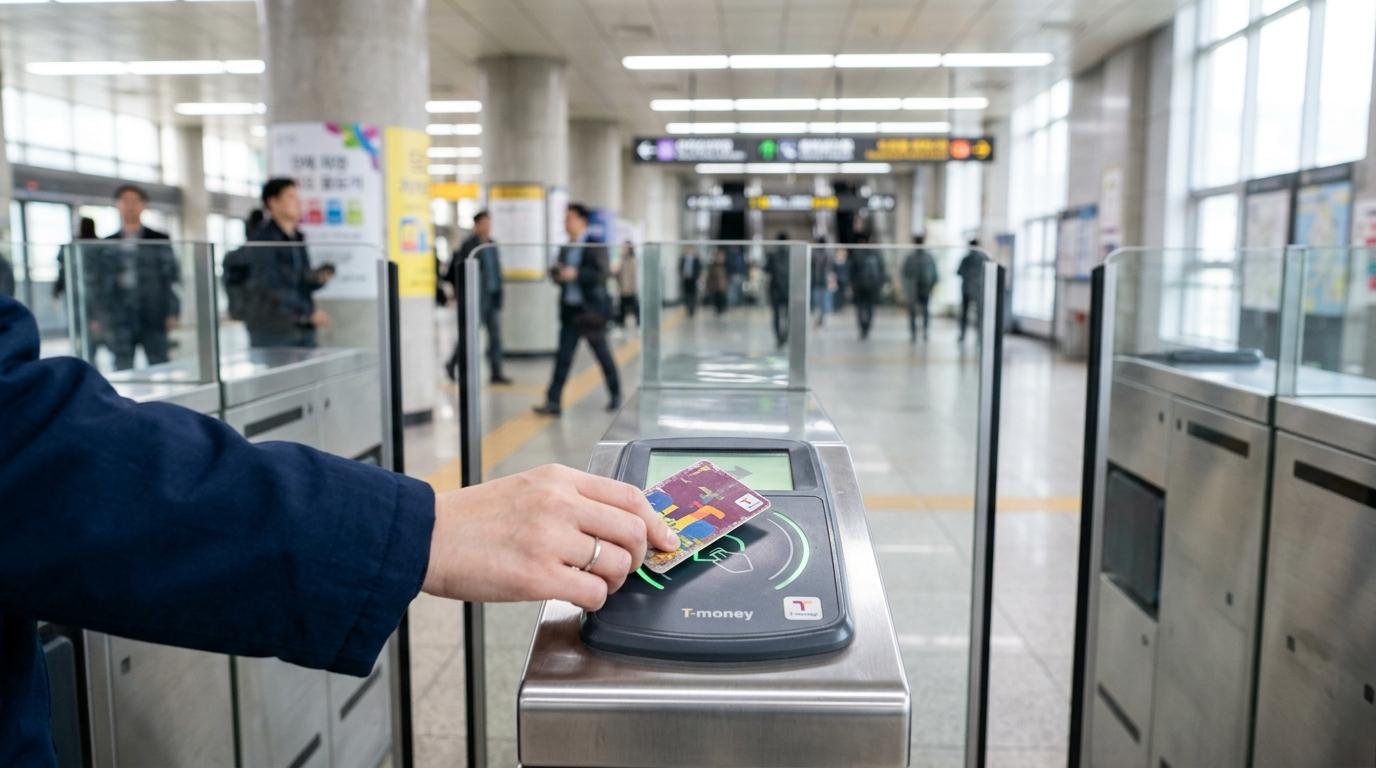 Bright photorealistic close-up of hands tapping a transit card at a subway gate in Seoul, clean station interior, no readable text, travel mood
