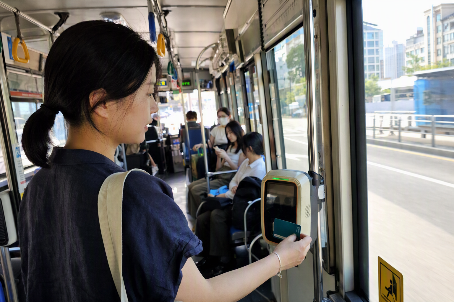 Bright photorealistic close-up of a traveler tapping a card reader inside a Seoul city bus, sunny windows, clean interior, no readable text