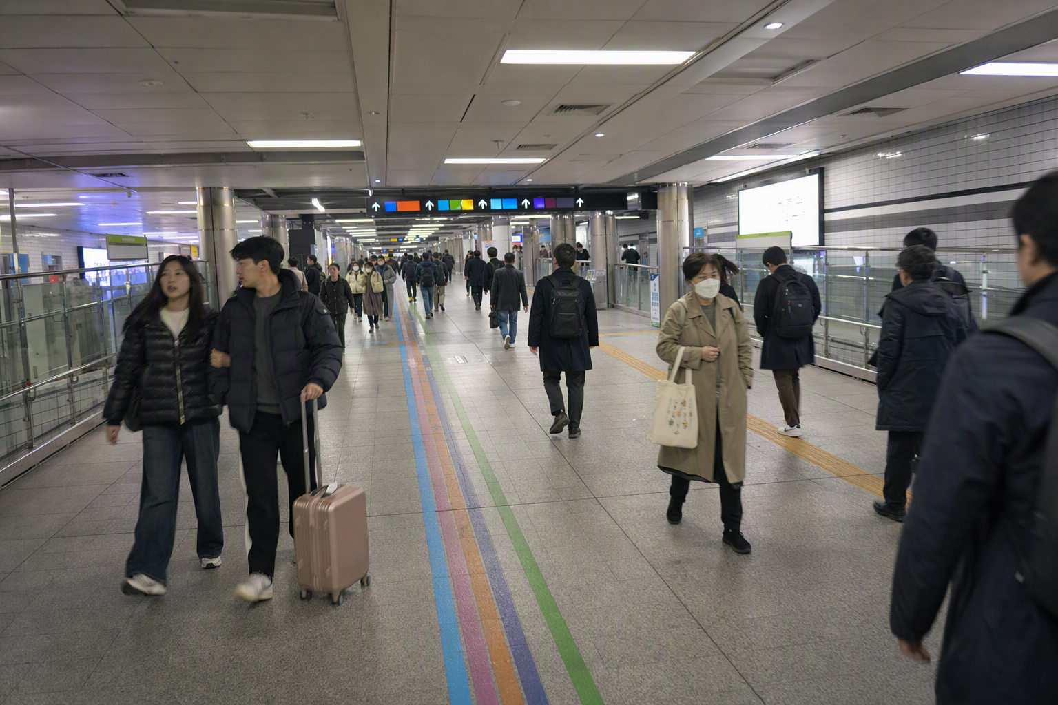 Bright photorealistic wide shot of travelers walking through a spacious Seoul subway transfer corridor, colorful line markers without readable text, clean moder