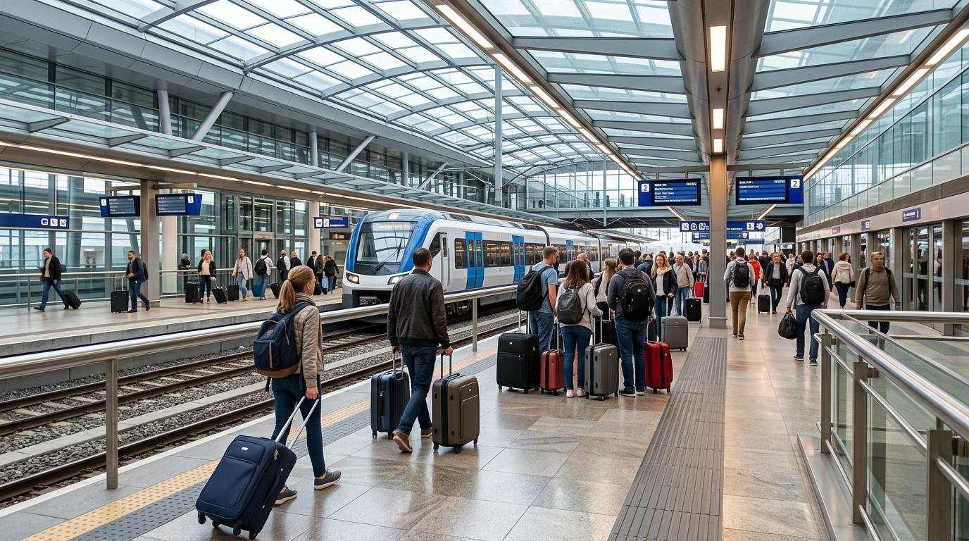 Bright photorealistic view of airport train platforms with travelers carrying suitcases, modern rail station lighting, no readable text, clean travel atmosphere