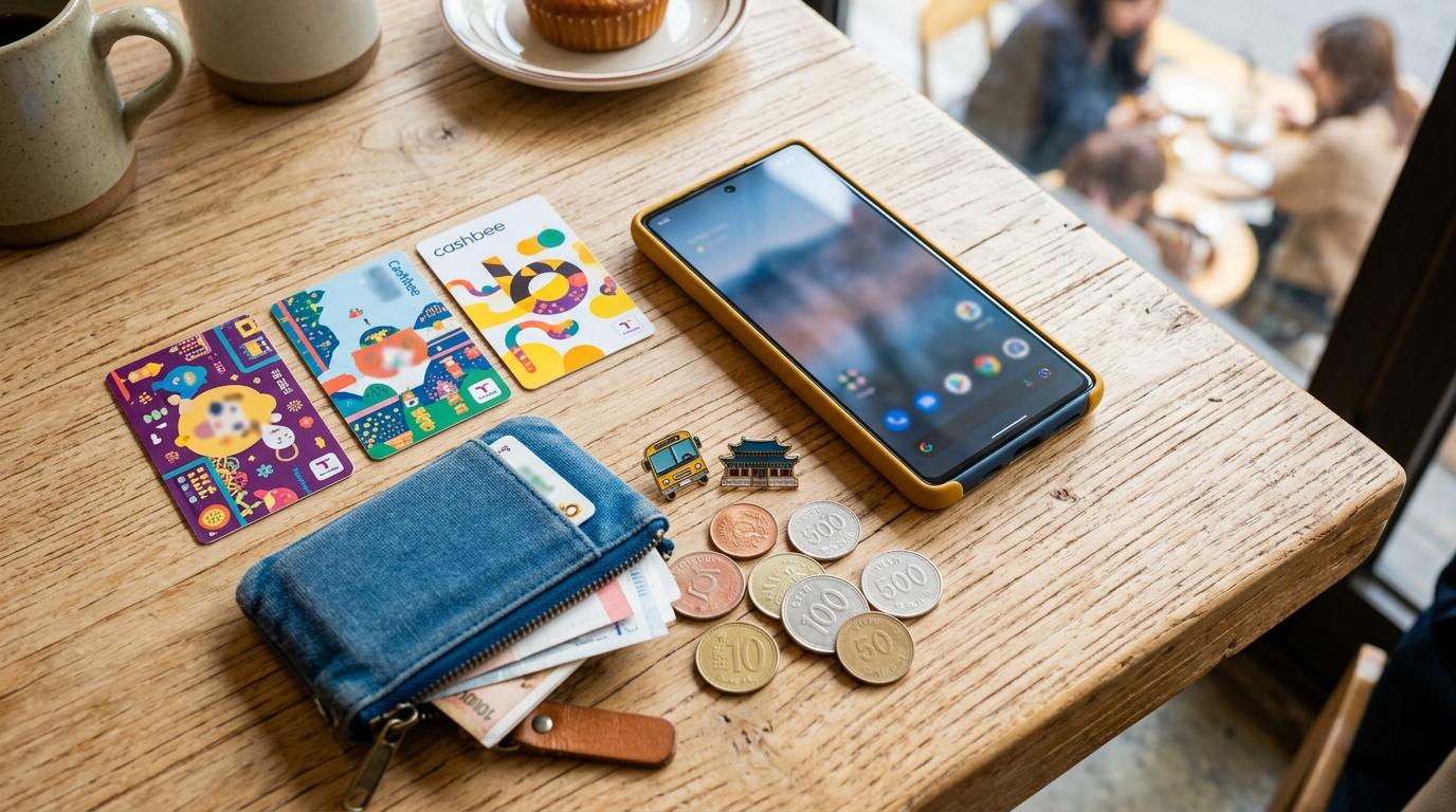 Bright photorealistic flat lay of Korean transit cards, a phone, coins, and a small travel wallet on a cafe table, colorful and clean, no readable text