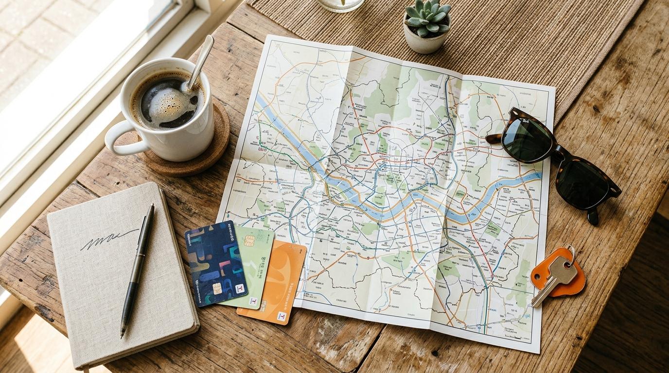 Bright photorealistic overhead view of a Seoul travel planning table with transit cards, a folded map, coffee, and sunglasses, no readable text