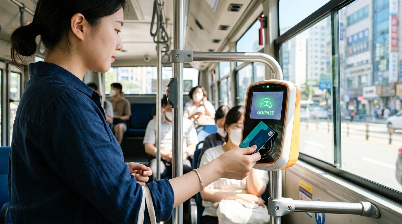 Bright photorealistic close-up of a traveler tapping a card reader inside a Seoul city bus, sunny windows, clean interior, no readable text