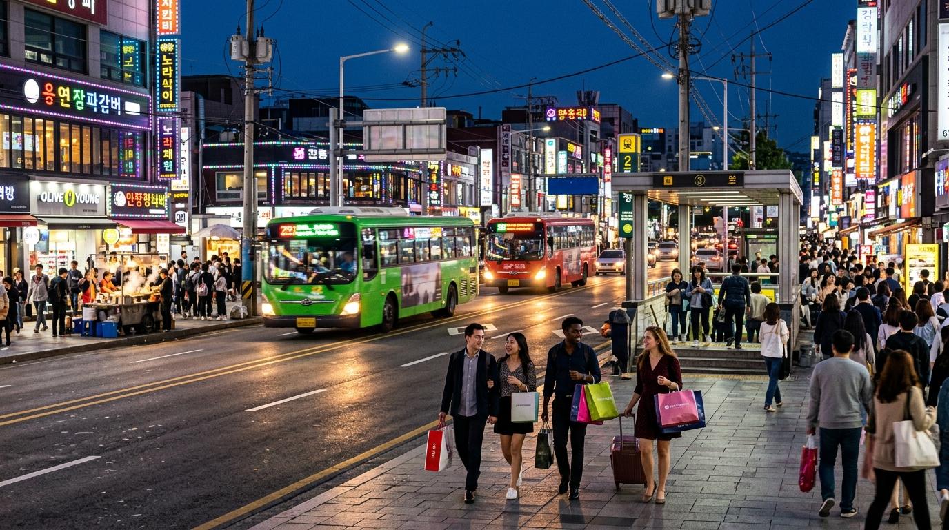 Bright photorealistic evening Seoul street with buses passing, subway entrance nearby, travelers walking with shopping bags, colorful city lights, no readable t