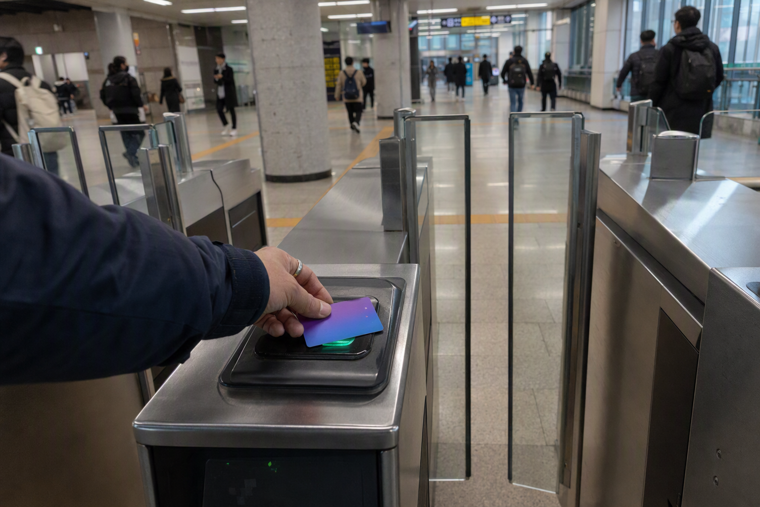 Bright photorealistic close-up of hands tapping a transit card at a subway gate in Seoul, clean station interior, no readable text, travel mood