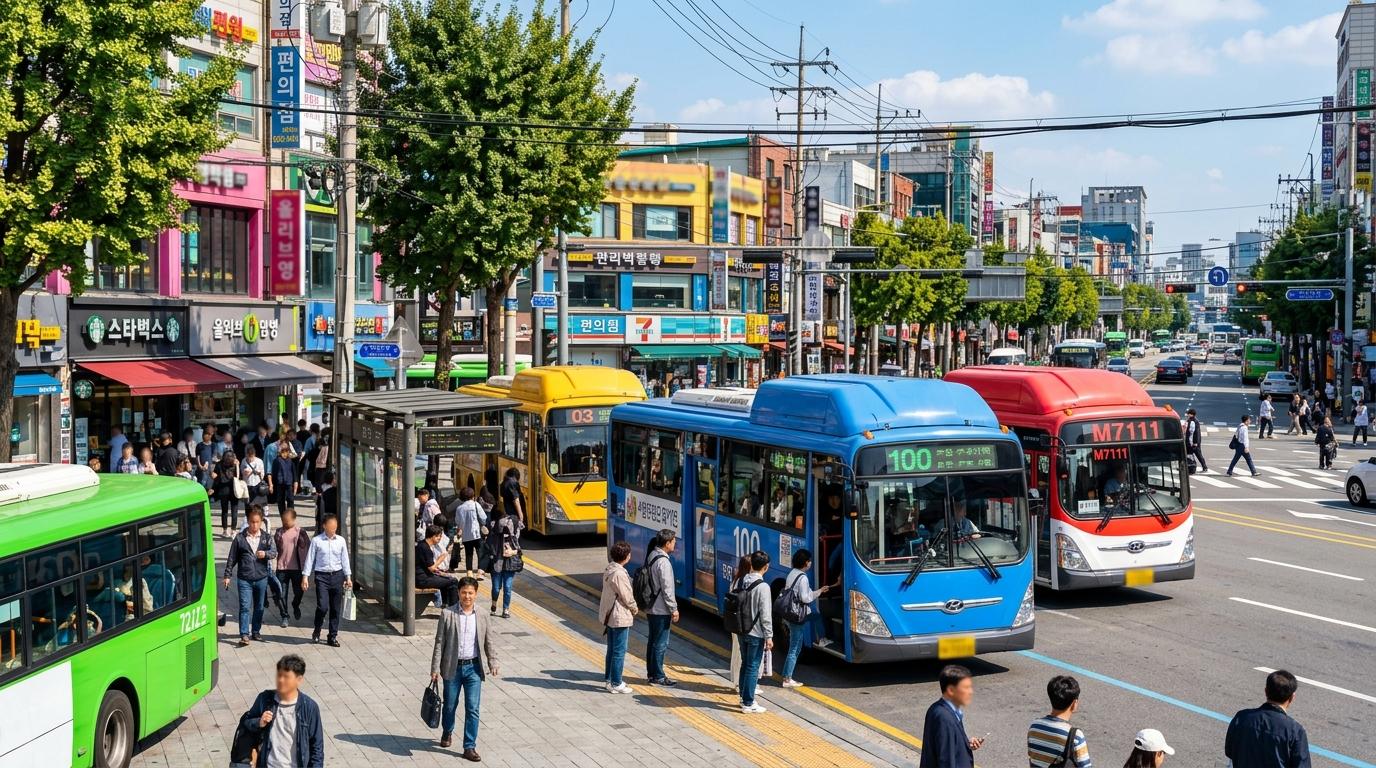 Bright photorealistic Seoul street scene with blue, green, yellow, and red city buses at a bus stop, sunny day, no readable text on signs