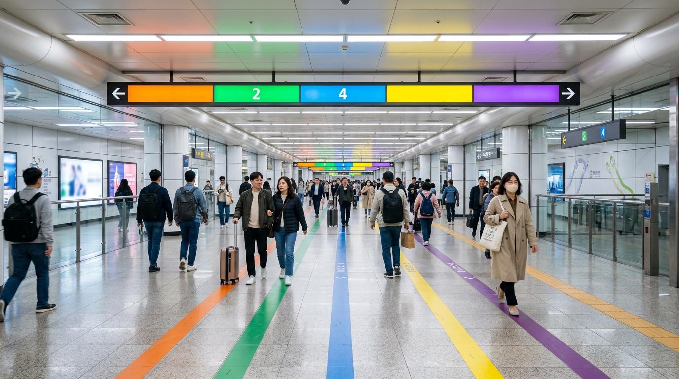 Bright photorealistic wide shot of travelers walking through a spacious Seoul subway transfer corridor, colorful line markers without readable text, clean moder
