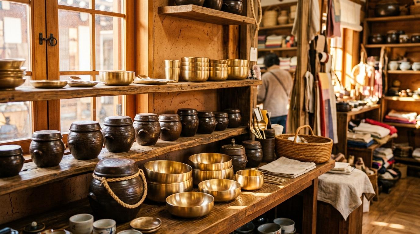 Bright vibrant photorealistic scene of Korean brass bowls and brown earthenware jars displayed in a cozy craft shop, warm sunlight, no visible text
