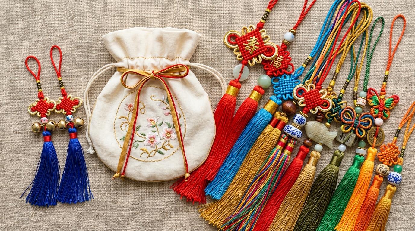 Bright vibrant photorealistic flat lay of colorful silk knot tassels and traditional ornaments arranged beside a cream fabric pouch, no visible text