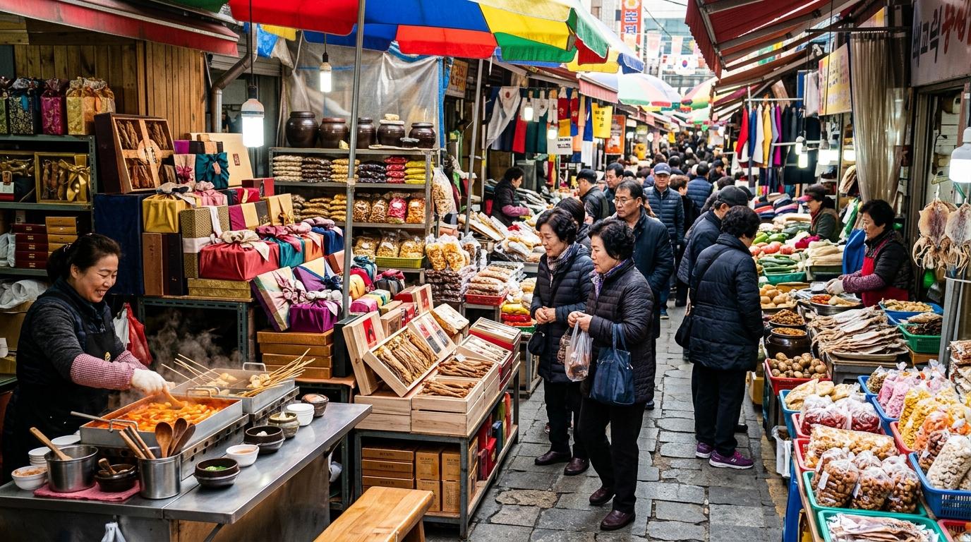 Bright vibrant photorealistic traditional Korean market scene with snack stalls, packaged gifts, ginseng boxes, shoppers, colorful awnings, no visible text