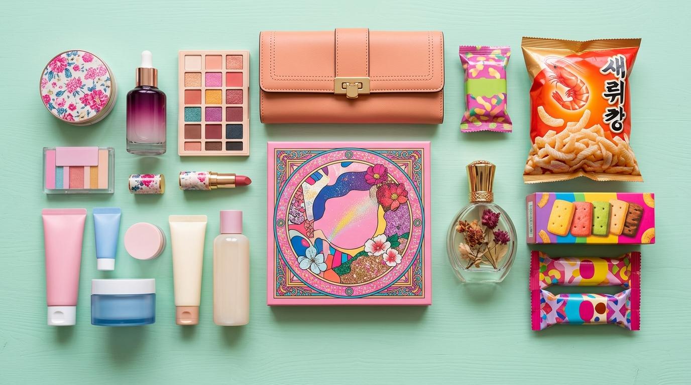 Bright vibrant photorealistic flat lay of Korean beauty products, pop album packaging, fashion wallet, perfume, and snacks on a pastel table, no visible text