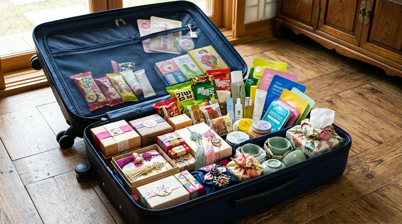Bright vibrant photorealistic suitcase neatly packed with Korean souvenirs, small craft boxes, snacks, beauty products, silk charms, and wrapped ceramics, no vi