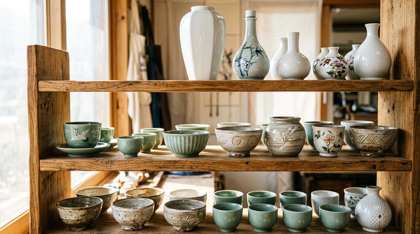 Bright vibrant photorealistic display of Korean celadon cups, buncheong bowls, and white porcelain vases on wooden shelves, soft natural light, no visible text