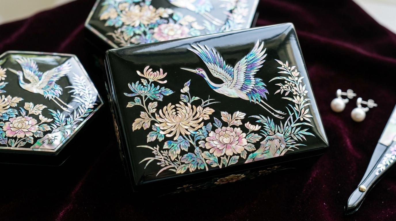 Bright vibrant photorealistic close-up of mother-of-pearl lacquer jewelry boxes with iridescent crane and flower motifs, elegant dark background, no visible tex
