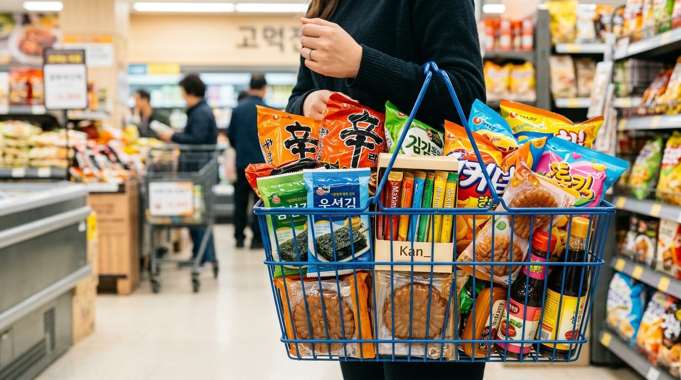 Bright vibrant photorealistic supermarket basket filled with Korean ramyun, seaweed packs, yakgwa, coffee sticks, sauces, and colorful snacks, no visible text