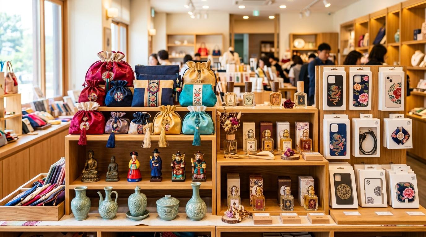 Bright vibrant photorealistic museum gift shop display with elegant Korean-inspired pouches, miniature statues, fragrance bottles, and tech accessories, no visi