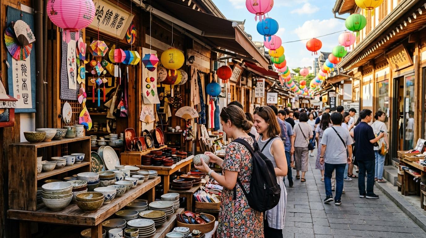 Bright vibrant photorealistic street scene in Insadong with traditional craft displays, colorful paper lanterns, ceramic bowls, tourists browsing, warm afternoo
