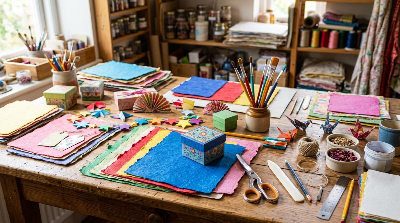 Bright vibrant photorealistic workshop table with colorful handmade paper, small boxes, brushes, scissors, and finished paper crafts, no visible text