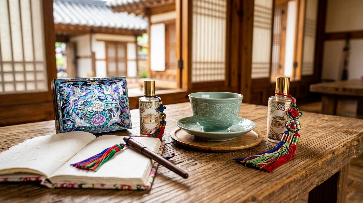 Bright vibrant photorealistic scene of Korean souvenirs on a wooden table, celadon cup, mother-of-pearl box, hanji notebook, silk tassel charm, palace perfume b