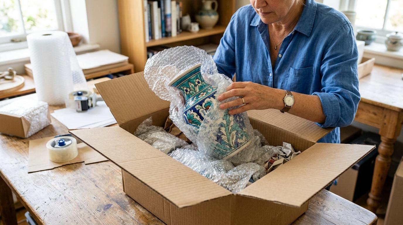 Bright vibrant photorealistic scene of a fragile ceramic vase being wrapped with bubble wrap and placed in a sturdy shipping box, no visible text