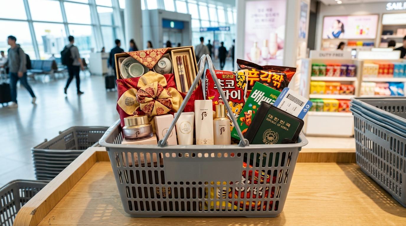 Bright vibrant photorealistic airport shopping basket with elegant Korean heritage gifts, cosmetics, snack packs, and travel documents, clean modern setting, no