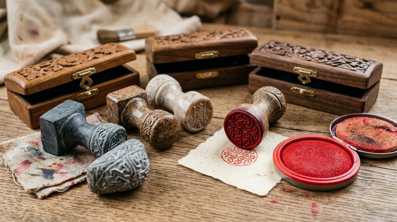 Bright vibrant photorealistic close-up of personalized stone stamps, red ink pad, carved wooden cases, soft studio lighting, no visible text