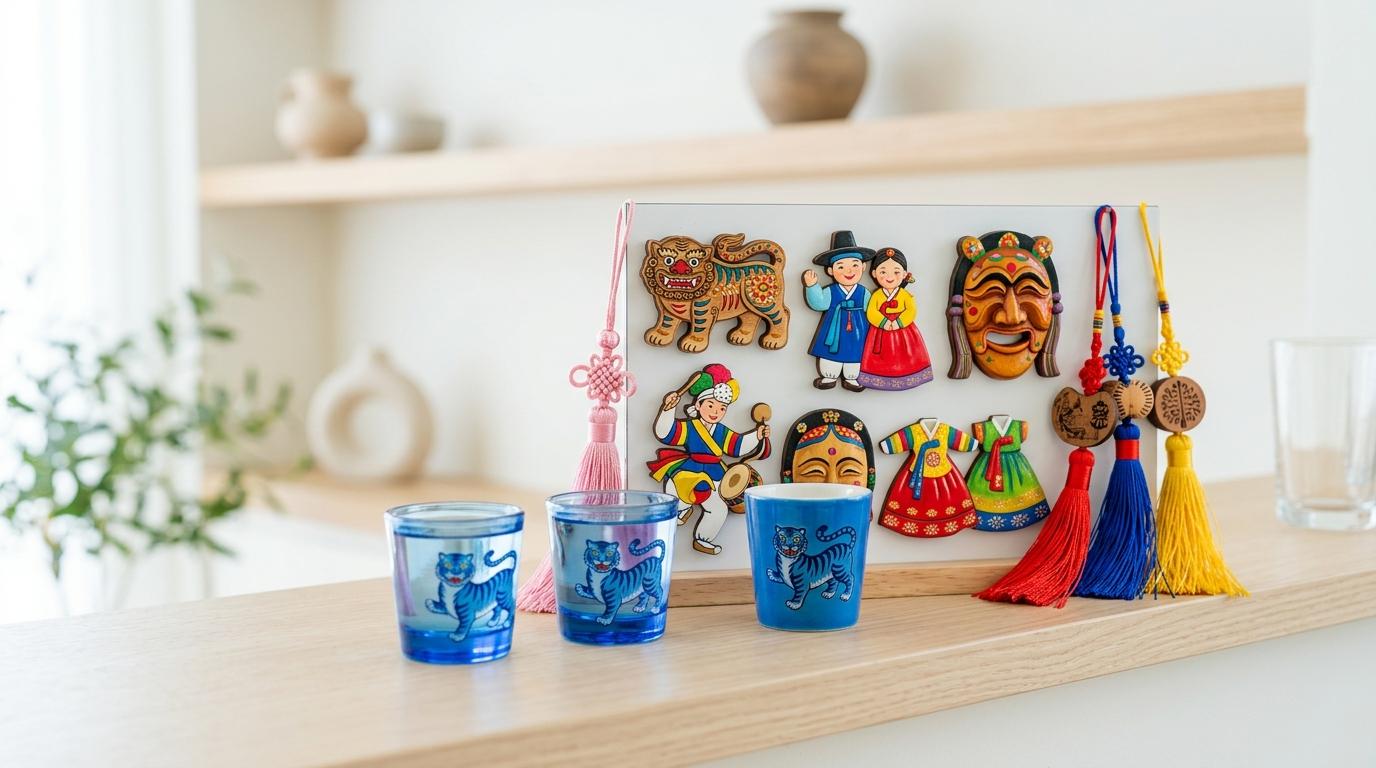 Bright vibrant photorealistic arrangement of playful folk-inspired Korean souvenir magnets, blue tiger shot glasses, colorful charms, clean modern background, n