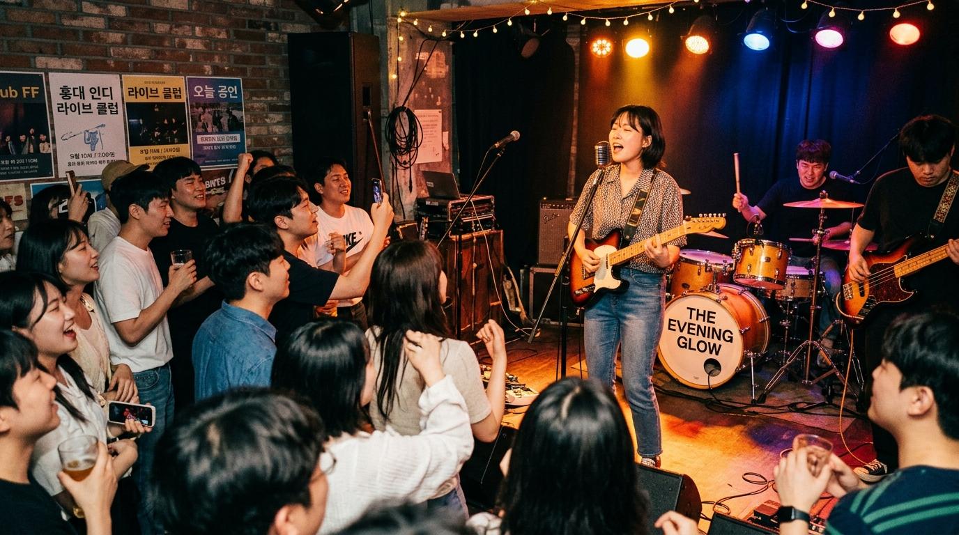 Bright photorealistic image of an intimate indie live venue in Hongdae, band performing under warm stage lights, small crowd close to the stage, cinematic trave