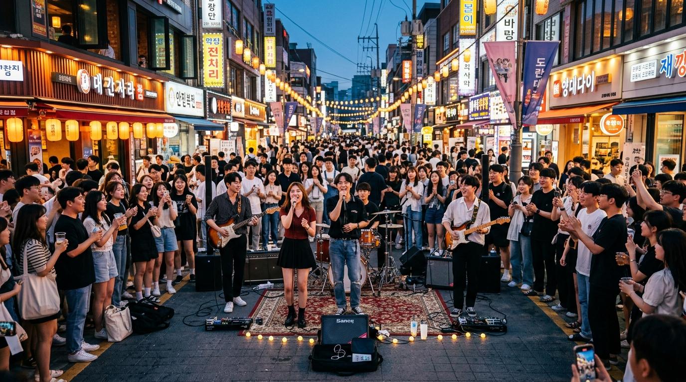 Bright photorealistic image of Red Road in Hongdae at dusk, street buskers performing for a lively crowd, colorful city lights, no visible text, travel magazine